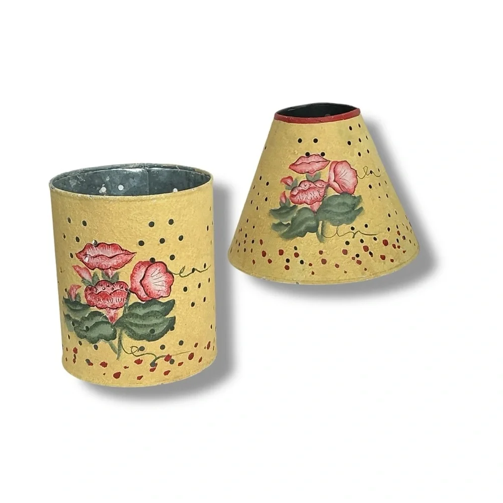 Vintage Hand Painted Galvanized Metal Jar Candle Lamp Yellow Floral 2000 - Picture 2 of 16